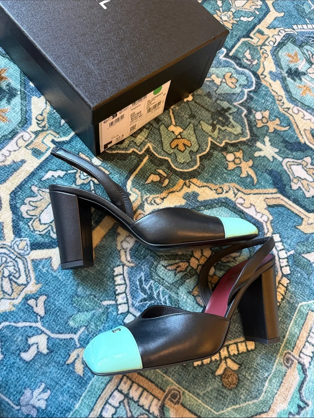 Chanel 26S Blazy Black Minty Green Square Cap Toe Sling Slingback Heel 37.5